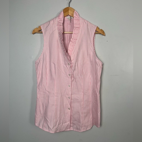 Tyler Boe Pink Gingham Ruffle Collar button down Tank top cotton size 6 - Picture 1 of 6